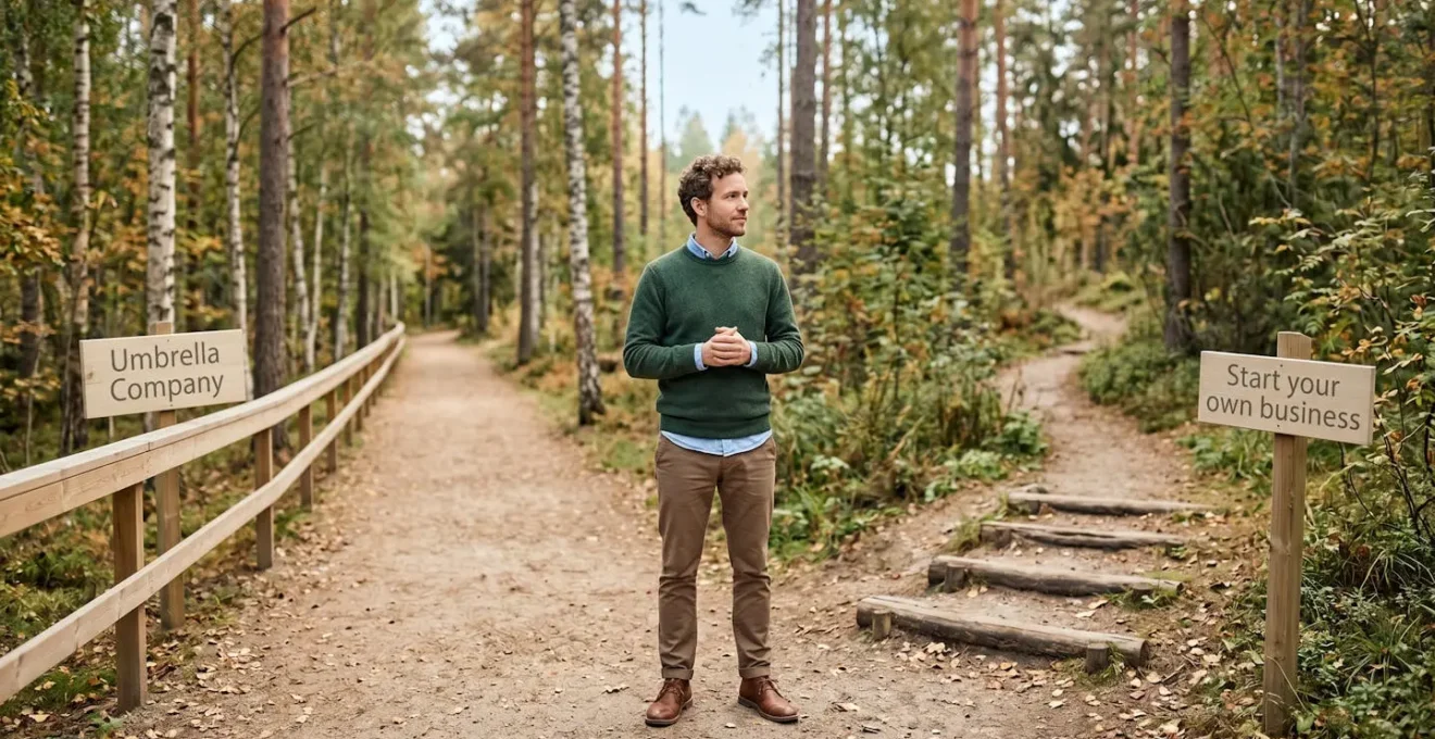 Un homme à la croisée de deux chemins dans une forêt, symbolisant le choix entre le portage salarial et la création d'entreprise.