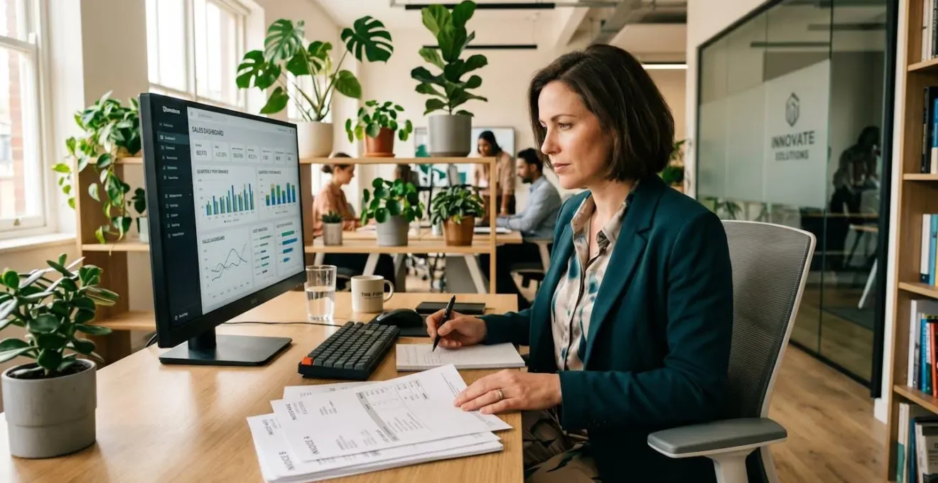 Dirigeant de PME analysant des factures et documents comptables dans son bureau