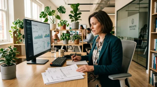 Dirigeant de PME analysant des factures et documents comptables dans son bureau