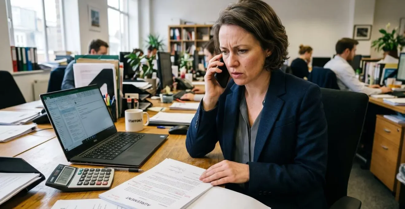 Entrepreneur au téléphone avec expression contrariée devant un devis ou contrat sur son bureau