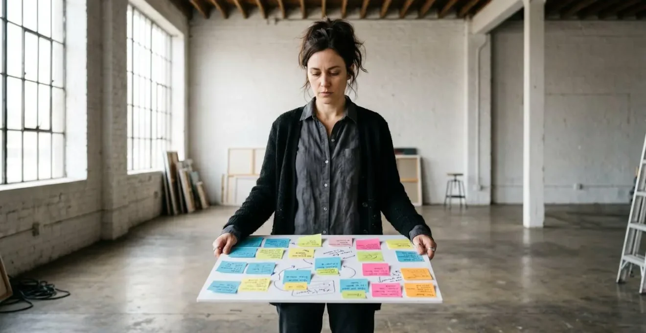 Une femme debout dans un loft lumineux, tenant un tableau de bord rempli de notes, symbolisant la gestion entrepreneuriale.