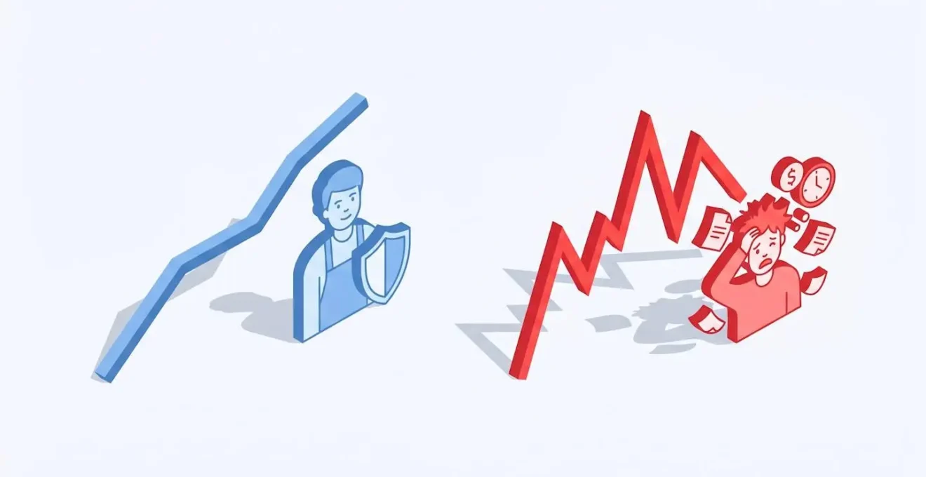 Graphiques comparant des revenus stables de salarié porté et des revenus irréguliers de freelance.