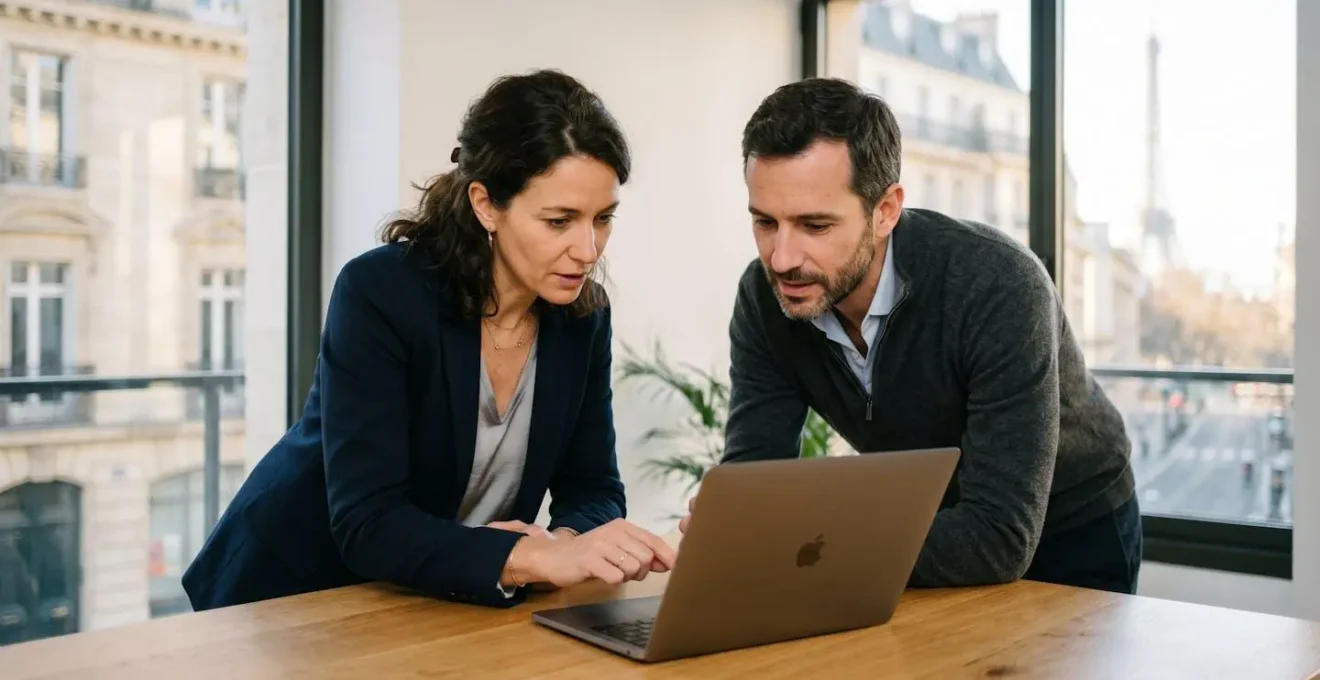 Deux professionnels d'une société de portage salarial discutant de l'intégration d'un outil de recommandé électronique autour d'un ordinateur portable